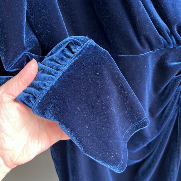 Express Blue Velour V-Neck Mini Dress w/Long Poet Sleeves Size Large - Picture 6 of 9